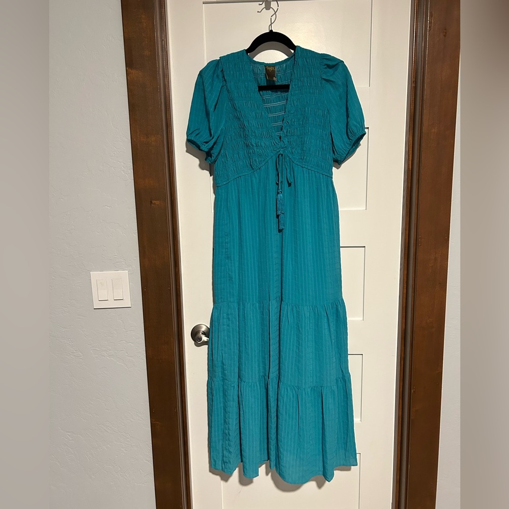 Teal Puff-Sleeve Tiered Midi Dress Size 8 - Picture 3 of 8